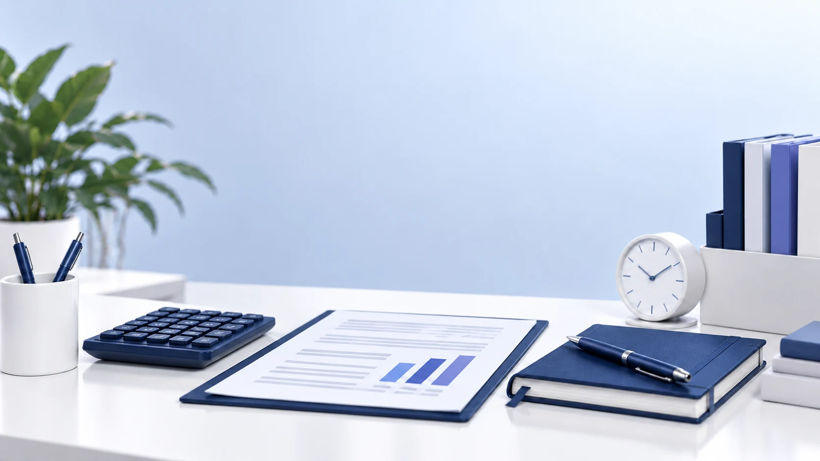 Une calculatrice, un document de budget et une horloge sur un bureau organisé.